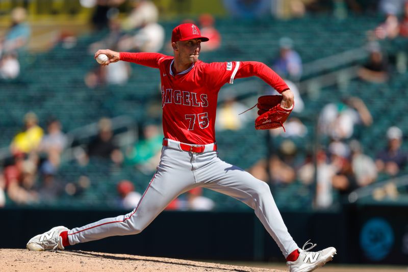 May 22, 2025; West Sacramento, California, USA; Los Angeles Angels pitcher Connor Brogdon (75) throws a pitch during the ninth inning against the Athletics at Sutter Health Park. Mandatory Credit: Sergio Estrada-Imagn Images