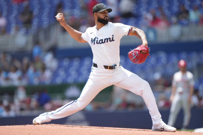 Apr 23, 2025; Miami, Florida, USA;  Miami Marlins pitcher Sandy Alcantara (22) pitches in the first inning against the Cincinnati Reds at loanDepot Park. Mandatory Credit: Jim Rassol-Imagn Images