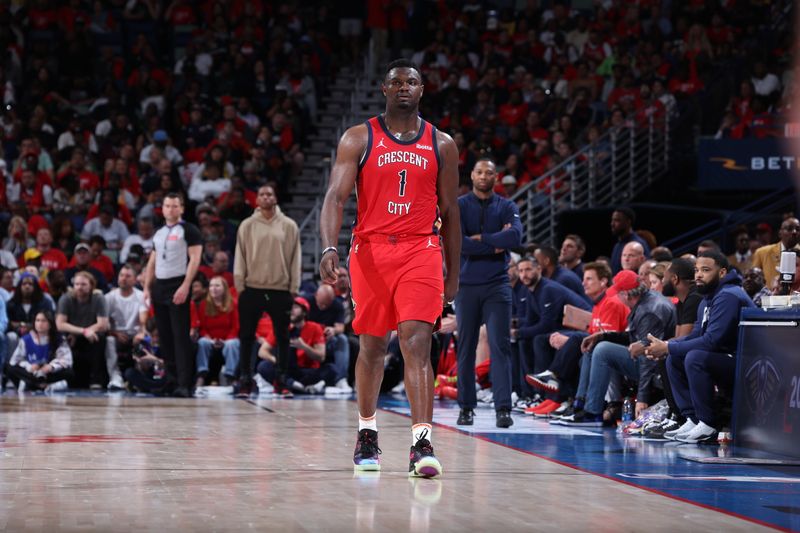 NEW ORLEANS, LA - APRIL 16: Zion Williamson #1 of the New Orleans Pelicans looks on during the game against the Los Angeles Lakers during the 2024 Play-In Tournament on April 16, 2024 at the Smoothie King Center in New Orleans, Louisiana. NOTE TO USER: User expressly acknowledges and agrees that, by downloading and or using this Photograph, user is consenting to the terms and conditions of the Getty Images License Agreement. Mandatory Copyright Notice: Copyright 2024 NBAE (Photo by Jeff Haynes/NBAE via Getty Images)