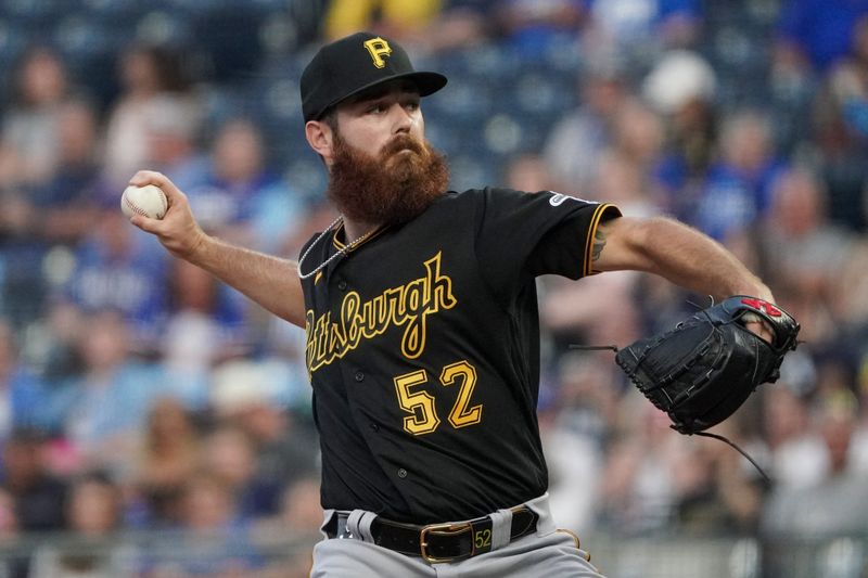 Aug 29, 2023; Kansas City, Missouri, USA; Pittsburgh Pirates starting pitcher Colin Selby (52) delivers a pitch against the Kansas City Royals in the first inning at Kauffman Stadium. Mandatory Credit: Denny Medley-USA TODAY Sports