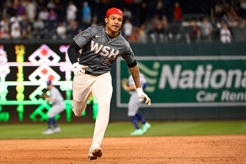 Sep 9, 2023; Washington, District of Columbia, USA; Washington Nationals shortstop CJ Abrams (5) runs to third with a triple against the Los Angeles Dodgers during the first inning at Nationals Park. Mandatory Credit: Brad Mills-USA TODAY Sports