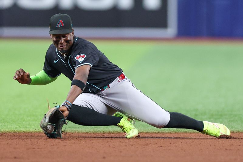 Aug 16, 2024; St. Petersburg, Florida, USA; Arizona Diamondbacks shortstop Geraldo Perdomo (2) makes a diving stop against the Tampa Bay Rays in the fourth inning  at Tropicana Field. Mandatory Credit: Nathan Ray Seebeck-USA TODAY Sports