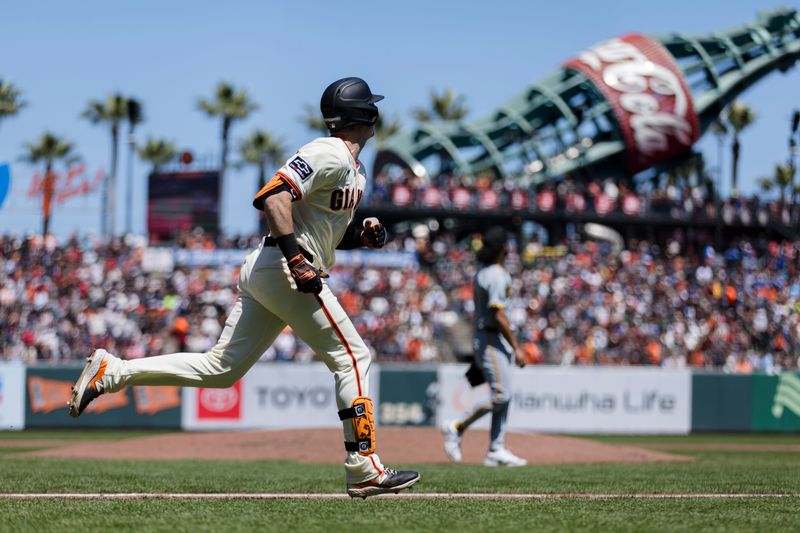 Apr 28, 2024; San Francisco, California, USA;  San Francisco Giants right fielder Mike Yastrzemski (5) hits a solo home run against the Pittsburgh Pirates during the third inning at Oracle Park. Mandatory Credit: John Hefti-USA TODAY Sports