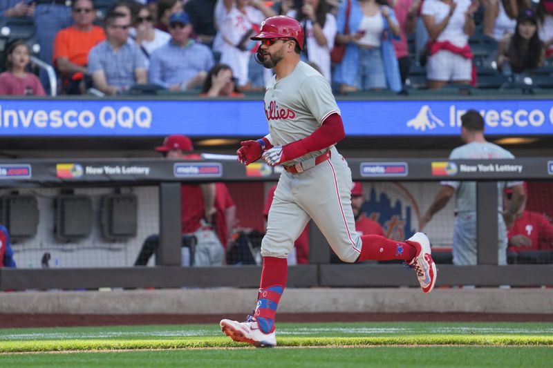 Sep 21, 2024; New York City, New York, USA; Philadelphia Phillies designated hitter Kyle Schwarber (12) rounds the bases after hitting a home run during the first inning against the New York Mets at Citi Field. Mandatory Credit: Lucas Boland-Imagn Images