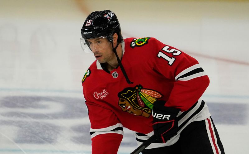 Oct 25, 2024; Chicago, Illinois, USA; Chicago Blackhawks center Craig Smith (15) warms up before a game against the Nashville Predators at United Center. Mandatory Credit: David Banks-Imagn Images