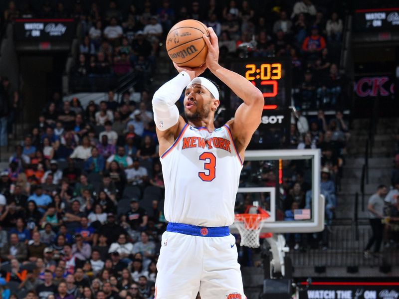 SAN ANTONIO, TX - MARCH 29: Josh Hart #3 of the New York Knicks shoots the ball during the game against the San Antonio Spurs on March 29, 2024 at the Frost Bank Center in San Antonio, Texas. NOTE TO USER: User expressly acknowledges and agrees that, by downloading and or using this photograph, user is consenting to the terms and conditions of the Getty Images License Agreement. Mandatory Copyright Notice: Copyright 2024 NBAE (Photos by Michael Gonzales/NBAE via Getty Images)