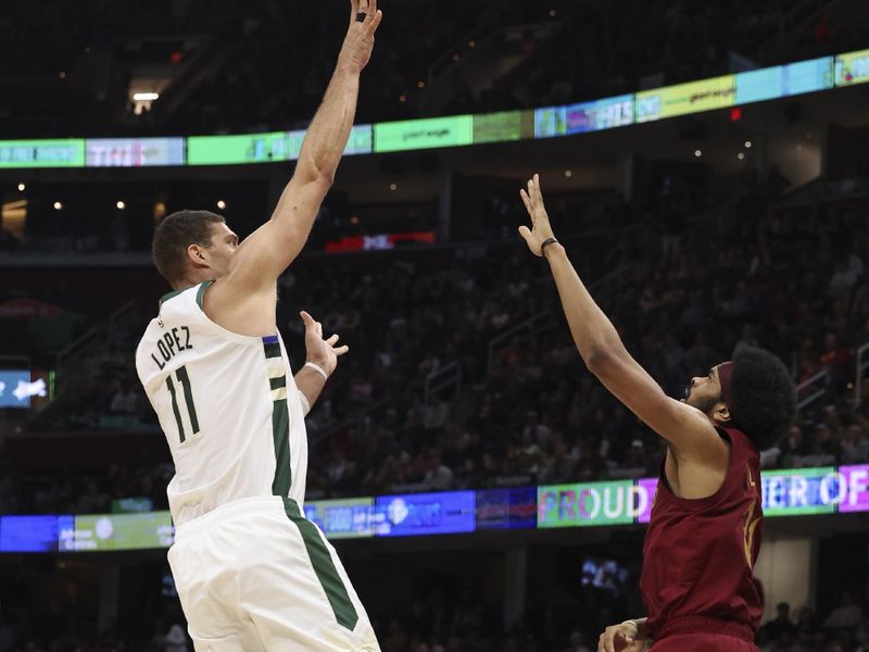 OKLAHOMA CITY, OK - NOVEMBER 4:  Brook Lopez #11 of the Milwaukee Bucks shoots the ball during the game against the Cleveland Cavaliers on November 4, 2024 at Paycom Center in Oklahoma City, Oklahoma. NOTE TO USER: User expressly acknowledges and agrees that, by downloading and or using this photograph, User is consenting to the terms and conditions of the Getty Images License Agreement. Mandatory Copyright Notice: Copyright 2024 NBAE (Photo by Zach Beeker/NBAE via Getty Images)