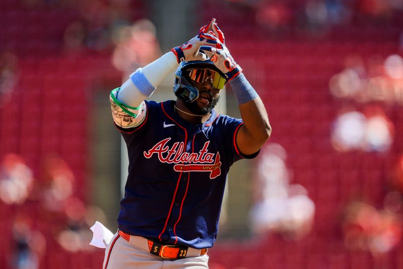 Sep 19, 2024; Cincinnati, Ohio, USA; Atlanta Braves outfielder Michael Harris II (23) reacts after hitting a solo home run in the eighth inning against the Cincinnati Reds at Great American Ball Park. Mandatory Credit: Katie Stratman-Imagn Images