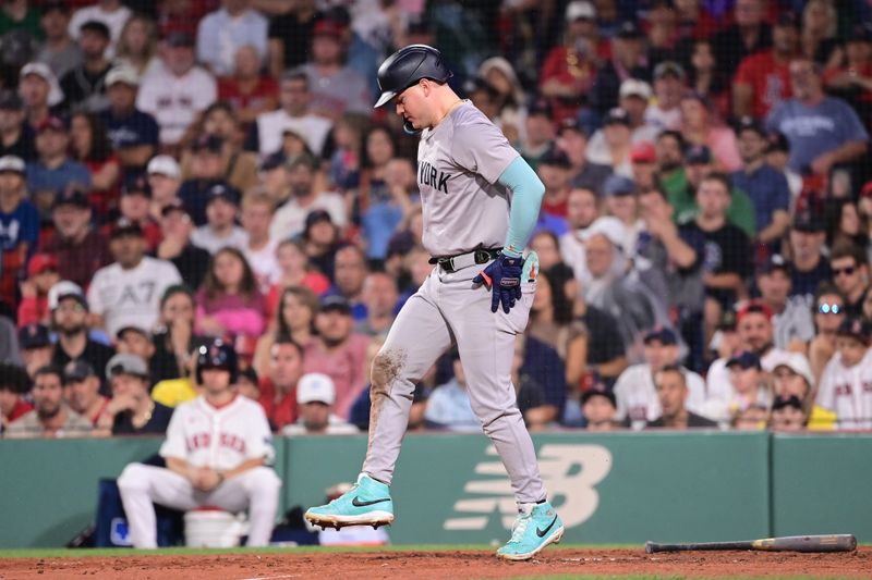 Jul 28, 2024; Boston, Massachusetts, USA; New York Yankees right fielder Alex Verdugo (24) hits a foul ball into himself during the eighth inning against the Boston Red Sox at Fenway Park. Mandatory Credit: Eric Canha-USA TODAY Sports