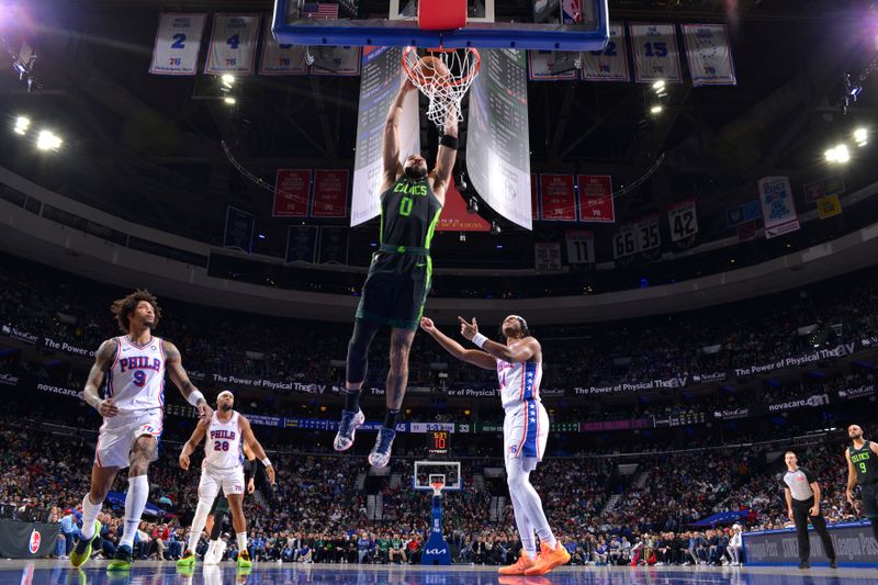 PHILADELPHIA, PA - FEBRUARY 2: Jayson Tatum #0 of the Boston Celtics dunks the ball during the game against the Philadelphia 76ers on February 2, 2025 at the Wells Fargo Center in Philadelphia, Pennsylvania NOTE TO USER: User expressly acknowledges and agrees that, by downloading and/or using this Photograph, user is consenting to the terms and conditions of the Getty Images License Agreement. Mandatory Copyright Notice: Copyright 2025 NBAE(Photo by Jesse D. Garrabrant/NBAE via Getty Images)