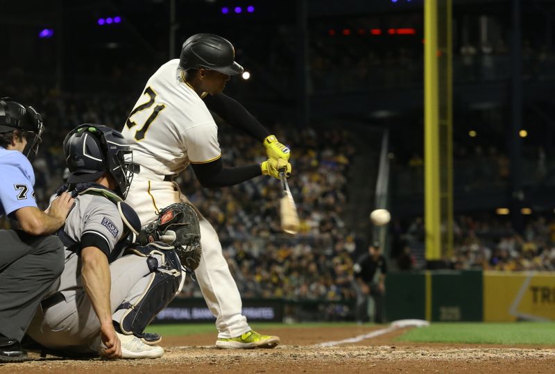 Sep 15, 2023; Pittsburgh, Pennsylvania, USA;  Pittsburgh Pirates third baseman Ke'Bryan Hayes (13) hits a two-run single against the New York Yankees during the sixth inning at PNC Park. New York won 7-5. Mandatory Credit: Charles LeClaire-USA TODAY Sports