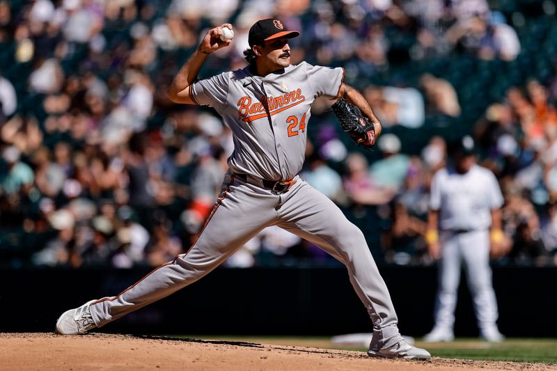 Sep 1, 2024; Denver, Colorado, USA; Baltimore Orioles starting pitcher Zach Eflin (24) pitches in the seventh inning against the Colorado Rockies at Coors Field. Mandatory Credit: Isaiah J. Downing-USA TODAY Sports