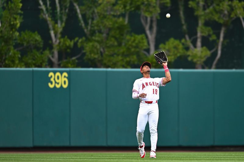 May 4, 2025; Anaheim, California, USA; Los Angeles Angels outfielder Kyren Paris (19) makes a catch against the Detroit Tigers during the eighth inning at Angel Stadium. Mandatory Credit: Jonathan Hui-Imagn Images