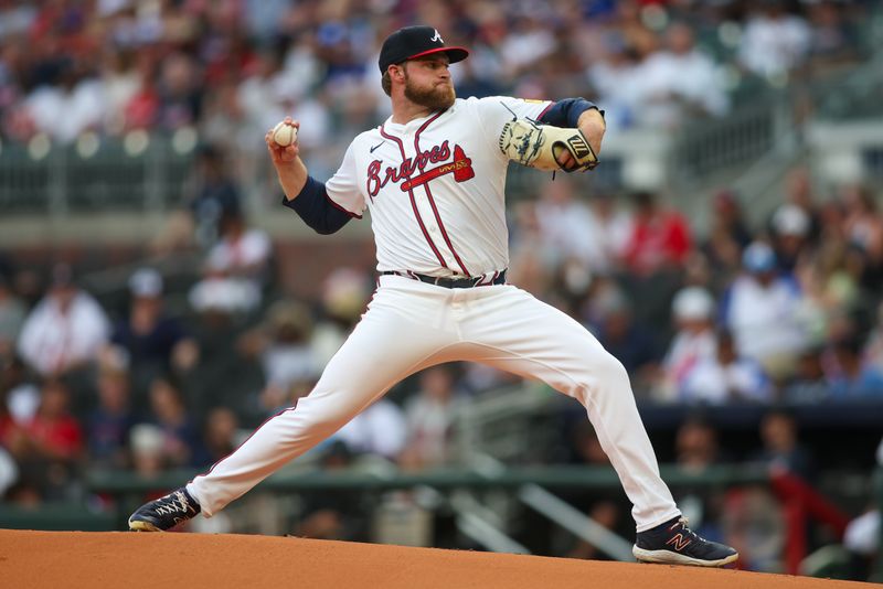 Aug 6, 2024; Atlanta, Georgia, USA; Atlanta Braves starting pitcher Bryce Elder (55) throws against the Milwaukee Brewers in the first inning at Truist Park. Mandatory Credit: Brett Davis-USA TODAY Sports
