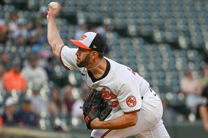 Apr 16, 2024; Baltimore, Maryland, USA;  Baltimore Orioles pitcher Grayson Rodriguez (30) delivers first inning pitch against the Minnesota Twins at Oriole Park at Camden Yards. Mandatory Credit: Tommy Gilligan-USA TODAY Sports