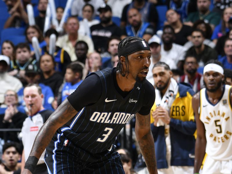 ORLANDO, FL - NOVEMBER 13: Kentavious Caldwell-Pope #3 of the Orlando Magic plays defense during the game against the Indiana Pacers on November 13, 2024 at Kia Center in Orlando, Florida. NOTE TO USER: User expressly acknowledges and agrees that, by downloading and or using this photograph, User is consenting to the terms and conditions of the Getty Images License Agreement. Mandatory Copyright Notice: Copyright 2024 NBAE (Photo by Fernando Medina/NBAE via Getty Images)