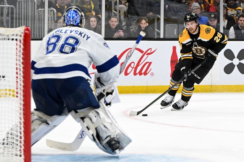 Jan 14, 2025; Boston, Massachusetts, USA; Boston Bruins center Elias Lindholm (28) skates against Tampa Bay Lightning goaltender Andrei Vasilevskiy (88) during the third period at the TD Garden. Mandatory Credit: Brian Fluharty-Imagn Images