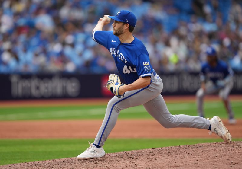 Sep 10, 2023; Toronto, Ontario, CAN; Kansas City Royals relief pitcher Collin Snider (40) throws a pitch against the Toronto Blue Jays during the eighth inning at Rogers Centre. Mandatory Credit: Nick Turchiaro-USA TODAY Sports