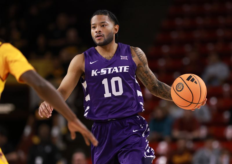 Jan 10, 2026; Tempe, Arizona, USA; Kansas State Wildcats guard David Castillo (10) against the Arizona State Sun Devils in the first half at Desert Financial Arena. Mandatory Credit: Mark J. Rebilas-Imagn Images