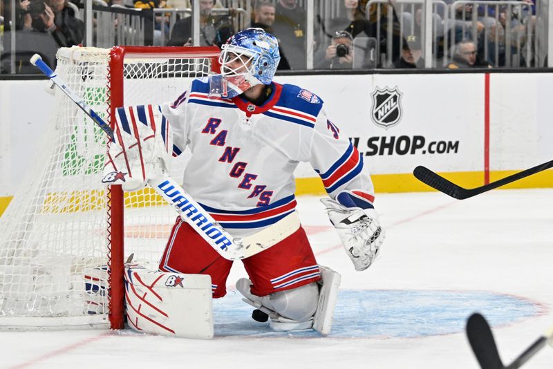 Oct 4, 2025; Boston, Massachusetts, USA; New York Rangers goaltender Igor Shesterkin (31) lets the puck in the net during the first period against the Boston Bruins at TD Garden. Mandatory Credit: Eric Canha-Imagn Images