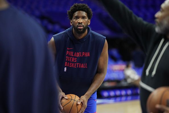 PHILADELPHIA, PA - OCTOBER 29: Joel Embiid #21 of the Philadelphia 76ers warms up before the game against the Portland Trail Blazers on October 29, 2023 at the Wells Fargo Center in Philadelphia, Pennsylvania NOTE TO USER: User expressly acknowledges and agrees that, by downloading and/or using this Photograph, user is consenting to the terms and conditions of the Getty Images License Agreement. Mandatory Copyright Notice: Copyright 2023 NBAE (Photo by Jesse D. Garrabrant/NBAE via Getty Images)