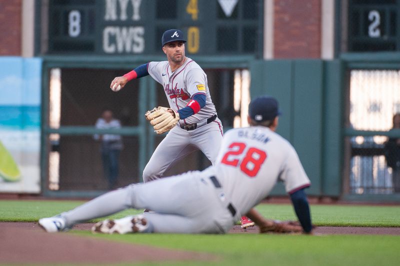 Aug 13, 2024; San Francisco, California, USA;  Atlanta Braves outfielder Whit Merrifield (15) fields the ball against the San Francisco Giants during the second inning at Oracle Park. Mandatory Credit: Ed Szczepanski-USA TODAY Sports