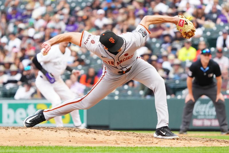 Jul 21, 2024; Denver, Colorado, USA; San Francisco Giants relief pitcher Tyler Rogers (71) in the eighth inning against the Colorado Rockies at Coors Field. Mandatory Credit: Ron Chenoy-USA TODAY Sports