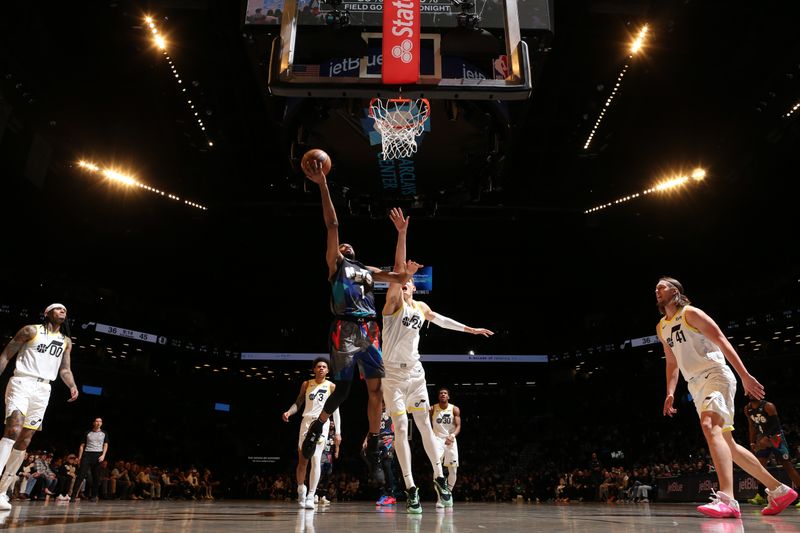 BROOKLYN, NY - JANUARY 29: Mikal Bridges #1 of the Brooklyn Nets drives to the basket during the game against the Utah Jazz on January 29, 2024 at Barclays Center in Brooklyn, New York. NOTE TO USER: User expressly acknowledges and agrees that, by downloading and or using this Photograph, user is consenting to the terms and conditions of the Getty Images License Agreement. Mandatory Copyright Notice: Copyright 2024 NBAE (Photo by Nathaniel S. Butler/NBAE via Getty Images)