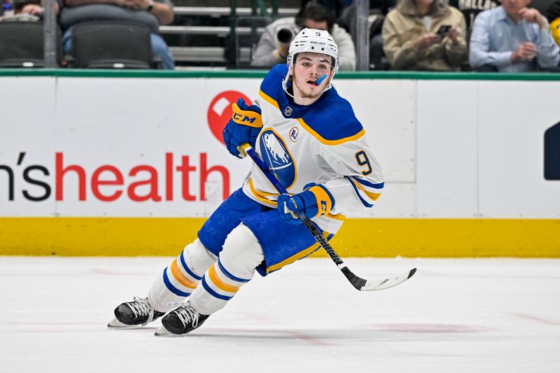 Apr 9, 2024; Dallas, Texas, USA; Buffalo Sabres left wing Zach Benson (9) skates against the Dallas Stars during the third period at the American Airlines Center. Mandatory Credit: Jerome Miron-USA TODAY Sports