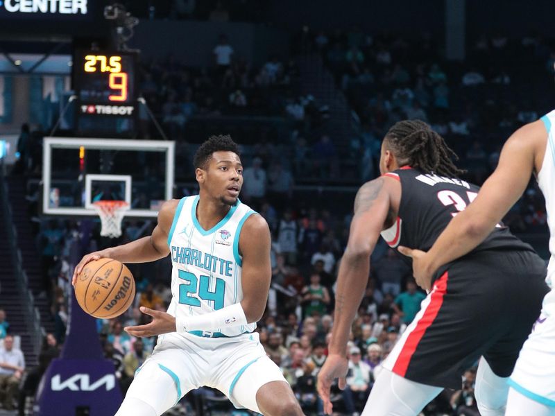 CHARLOTTE, NC - APRIL 3:  Brandon Miller #24 of the Charlotte Hornets drives to the basket during the game against the Portland Trail Blazers on April 3, 2024 at Spectrum Center in Charlotte, North Carolina. NOTE TO USER: User expressly acknowledges and agrees that, by downloading and or using this photograph, User is consenting to the terms and conditions of the Getty Images License Agreement.  Mandatory Copyright Notice:  Copyright 2024 NBAE (Photo by Brock Williams-Smith/NBAE via Getty Images)