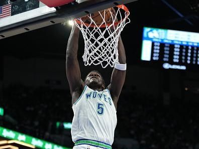 MINNEAPOLIS, MN -  NOVEMBER 8: Anthony Edwards #5 of the Minnesota Timberwolves dunks the ball during the game against the New Orleans Pelicans on November 8, 2023 at Target Center in Minneapolis, Minnesota. NOTE TO USER: User expressly acknowledges and agrees that, by downloading and or using this Photograph, user is consenting to the terms and conditions of the Getty Images License Agreement. Mandatory Copyright Notice: Copyright 2023 NBAE (Photo by Jordan Johnson/NBAE via Getty Images)