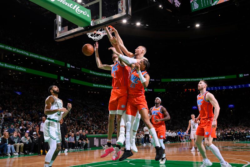 BOSTON, MA - APRIL 3: Kristaps Porzingis #8 of the Boston Celtics dunks the ball during the game against the Oklahoma City Thunder on April 3, 2024 at the TD Garden in Boston, Massachusetts. NOTE TO USER: User expressly acknowledges and agrees that, by downloading and or using this photograph, User is consenting to the terms and conditions of the Getty Images License Agreement. Mandatory Copyright Notice: Copyright 2024 NBAE  (Photo by Brian Babineau/NBAE via Getty Images)