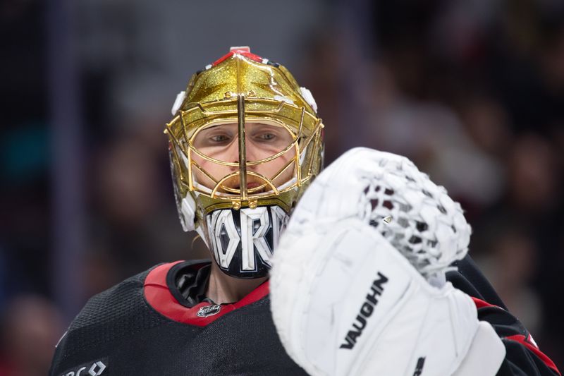 Jan 27, 2024; Ottawa, Ontario, CAN; Ottawa Senators goalie Joonas Korpisalo (70) during a break in the second period against the New York Rangers  at the Canadian Tire Centre. Mandatory Credit: Marc DesRosiers-USA TODAY Sports