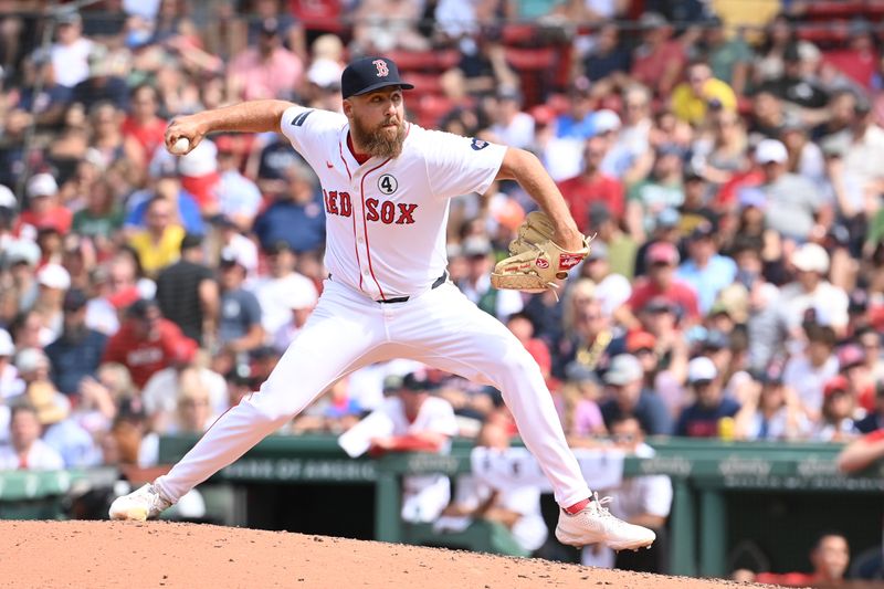 Jun 2, 2024; Boston, Massachusetts, USA;  Boston Red Sox pitcher Greg Weissert (57) pitches against the Detroit Tigers during the eighth inning at Fenway Park. Mandatory Credit: Eric Canha-USA TODAY Sports