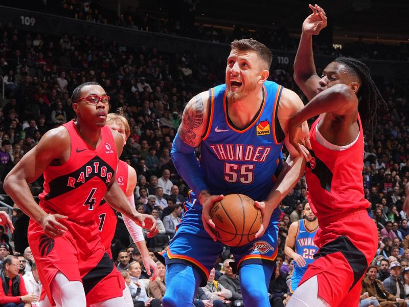 TORONTO, CANADA - DECEMBER 05:  Isaiah Hartenstein #55 of the Oklahoma City Thunder handles the ball during the game against the Toronto Raptors on December 05, 2024 at the Scotiabank Arena in Toronto, Ontario, Canada.  NOTE TO USER: User expressly acknowledges and agrees that, by downloading and or using this Photograph, user is consenting to the terms and conditions of the Getty Images License Agreement.  Mandatory Copyright Notice: Copyright 2024 NBAE (Photo by Mark Blinch/NBAE via Getty Images)