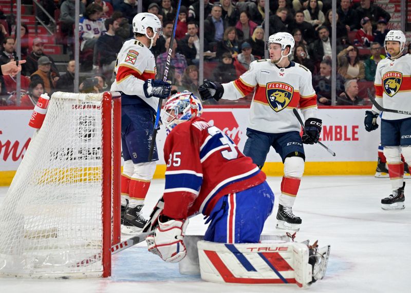 Apr 2, 2024; Montreal, Quebec, CAN; Florida Panthers forward Aleksander Barkov (16) celebrates with teammates after scoring a goal against Montreal Canadiens goalie Sam Montembeault (35) during the first period at the Bell Centre. Mandatory Credit: Eric Bolte-USA TODAY Sports