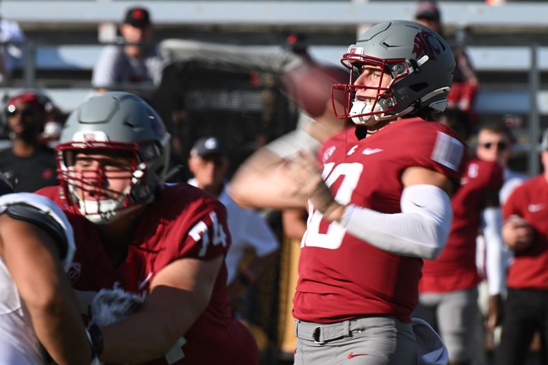 Sep 16, 2023; Pullman, Washington, USA; Washington State Cougars quarterback John Mateer (10) throws a pass against the Northern Colorado Bears in the second half at Gesa Field at Martin Stadium. Washington State won 64-21. Mandatory Credit: James Snook-USA TODAY Sports