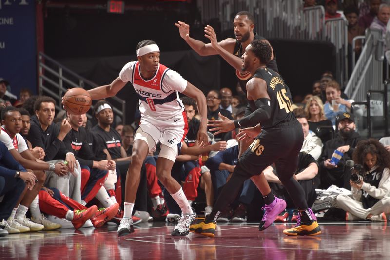 CLEVELAND, OH - NOVEMBER 03: Bilal Coulibaly #0 of the Washington Wizards handles the ball during the game against the Cleveland Cavaliers during the Emirates NBA Cup game on November 03, 2024 at Rocket Mortgage FieldHouse in Cleveland, Ohio. NOTE TO USER: User expressly acknowledges and agrees that, by downloading and/or using this Photograph, user is consenting to the terms and conditions of the Getty Images License Agreement. Mandatory Copyright Notice: Copyright 2024 NBAE (Photo by David Liam Kyle/NBAE via Getty Images)