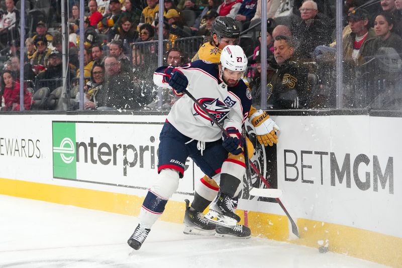 Jan 8, 2026; Las Vegas, Nevada, USA; Columbus Blue Jackets left wing Zachary Aston-Reese (27) checks Vegas Golden Knights defenseman Zach Whitecloud (2) during the first period at T-Mobile Arena. Mandatory Credit: Stephen R. Sylvanie-Imagn Images