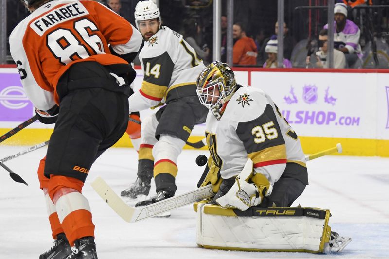 Nov 25, 2024; Philadelphia, Pennsylvania, USA; Vegas Golden Knights goaltender Ilya Samsonov (35) makes a save against the Philadelphia Flyers during the first period at Wells Fargo Center. Mandatory Credit: Eric Hartline-Imagn Images