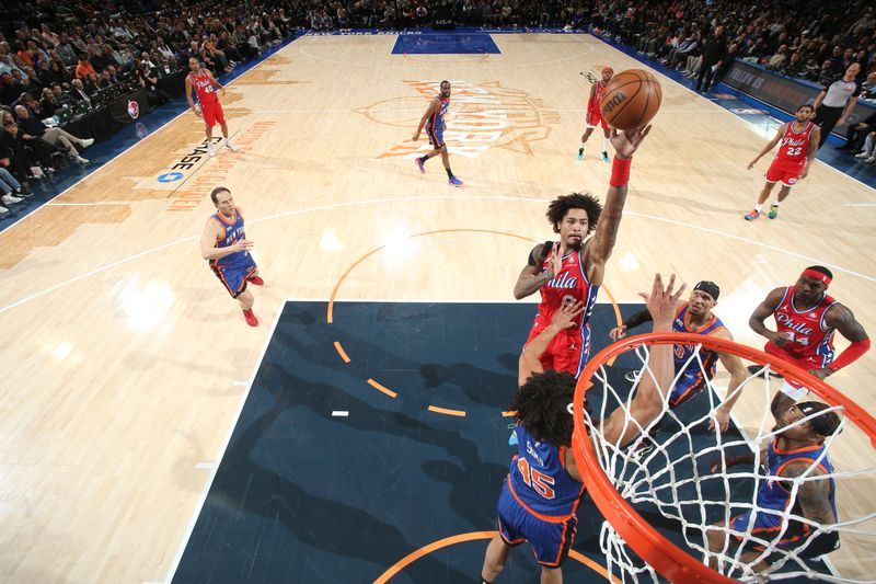 NEW YORK, NY - MARCH 10: Kelly Oubre Jr. #9 of the Philadelphia 76ers shoots the ball during the game against the New York Knicks on March 10, 2024 at Madison Square Garden in New York City, New York.  NOTE TO USER: User expressly acknowledges and agrees that, by downloading and or using this photograph, User is consenting to the terms and conditions of the Getty Images License Agreement. Mandatory Copyright Notice: Copyright 2024 NBAE  (Photo by Nathaniel S. Butler/NBAE via Getty Images)