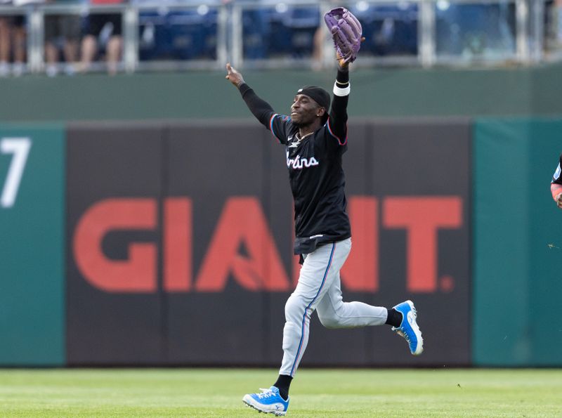 Jun 29, 2024; Philadelphia, Pennsylvania, USA; Miami Marlins outfielder Nick Gordon (1) celebrates a victory against the Philadelphia Phillies at Citizens Bank Park. Mandatory Credit: Bill Streicher-USA TODAY Sports