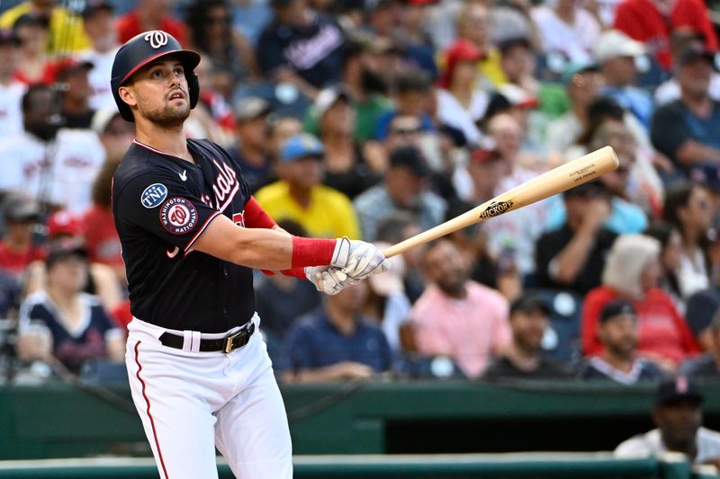 Aug 16, 2023; Washington, District of Columbia, USA; Washington Nationals right fielder Lane Thomas (28) at bat against the Boston Red Sox during the first inning at Nationals Park. Mandatory Credit: Brad Mills-USA TODAY Sports