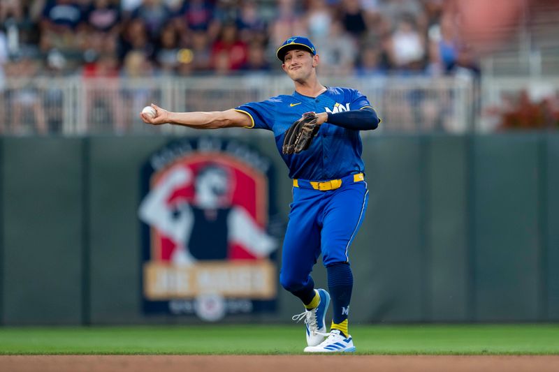 Aug 2, 2024; Minneapolis, Minnesota, USA; Minnesota Twins shortstop Brooks Lee (72) throws the ball to first base for an out against the Chicago White Sox in the fourth inning at Target Field. Mandatory Credit: Jesse Johnson-USA TODAY Sports