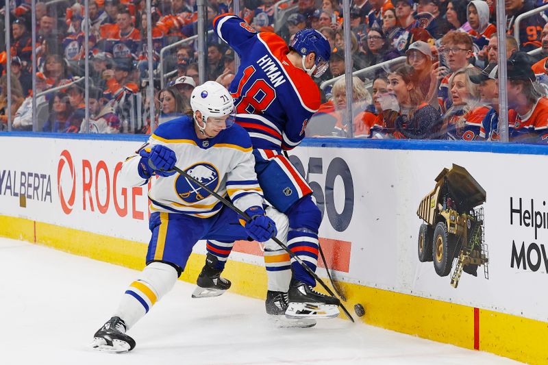 Jan 25, 2025; Edmonton, Alberta, CAN; Edmonton Oilers forward Zach Hyman (18) and Buffalo Sabres forward Ryan McLeod (71) battle along the boards for a loose puck  /during the third period at Rogers Place. Mandatory Credit: Perry Nelson-Imagn Images