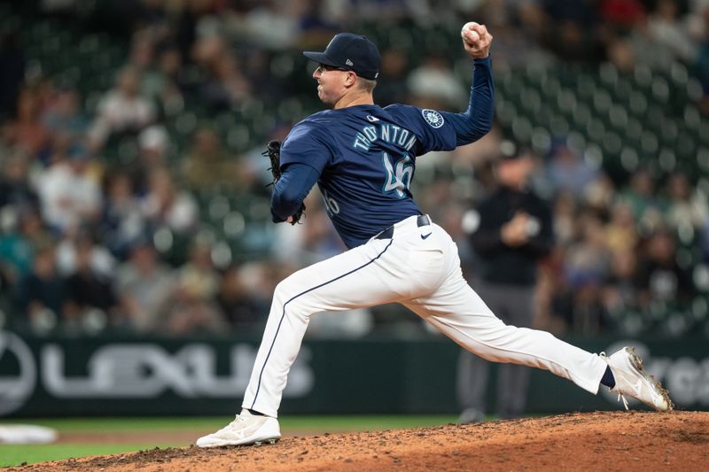 Aug 26, 2024; Seattle, Washington, USA; Seattle Mariners reliever Trent Thornton (46) dap during the ninth inning against the Tampa Bay Rays at T-Mobile Park. Mandatory Credit: Stephen Brashear-USA TODAY Sports