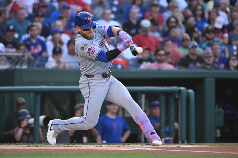 Jul 1, 2024; Washington, District of Columbia, USA; New York Mets center fielder Harrison Bader (44) gets a base hit against the Washington Nationals during the first inning at Nationals Park. Mandatory Credit: Rafael Suanes-USA TODAY Sports