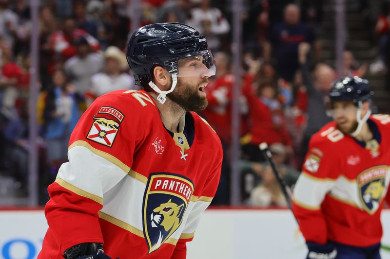 Oct 8, 2024; Sunrise, Florida, USA; Florida Panthers left wing Jonah Gadjovich (12) looks on after scoring against the Boston Bruins during the second period at Amerant Bank Arena. Mandatory Credit: Sam Navarro-Imagn Images