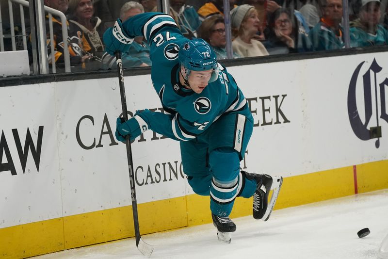 Jan 27, 2025; San Jose, California, USA;  San Jose Sharks left wing William Eklund (72) passes against the Pittsburgh Penguins in the second period at SAP Center at San Jose. Mandatory Credit: David Gonzales-Imagn Images