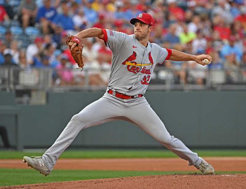 Aug 12, 2023; Kansas City, Missouri, USA;  St. Louis Cardinals starting pitcher Steven Matz (32) delivers a pitch in the first inning against the Kansas City Royals at Kauffman Stadium. Mandatory Credit: Peter Aiken-USA TODAY Sports